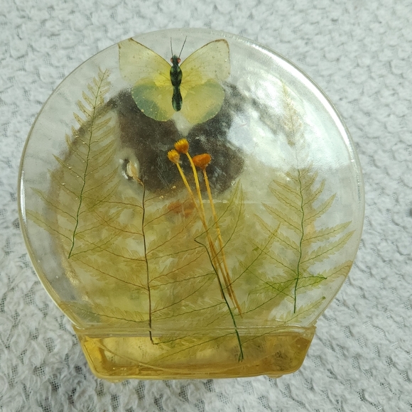 Vintage 70s Lucite Butterfly & Dried Plants Napkin Mail Paper Holder - Picture 2 of 8